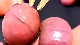 Testicle skewering cbt, edging & cumshot with 3 needles, precum & stretched tripe