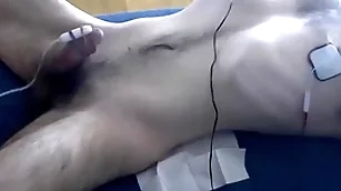 Be ahead of tied, edged with vibrator coupled with nipple estim