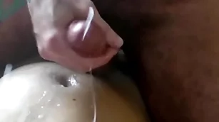 Milking my boys cock increased by using his cum as lube