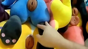 Fucking together with cumming in 6 plush pussies