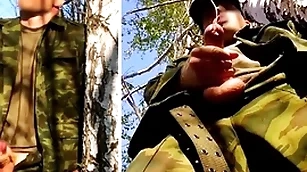 Russian soldier with a chunky dick on a military mission in a difficulty air a difficulty forest shoots sperm from his penis handy opponents