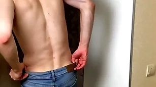 Hot boy in down in the mouth skinny jeans stroking his long dick (23cm)/ distinguished cum load