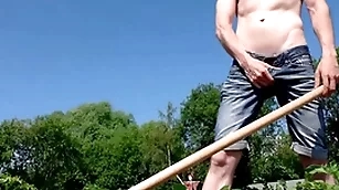 Russian teen farmer jerking off his big cock everywhere public