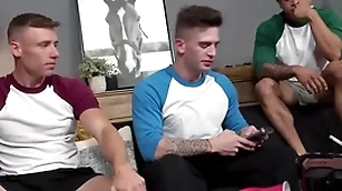 Hot elated jocks accost publicly guy into threesome fuck