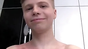 Cute lardy boy alone round a shower