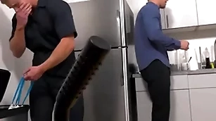Janitor barebacked by boss in the air the office