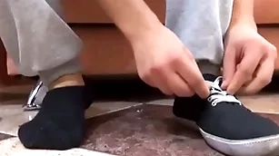 Solo beggar enjoys sucking toe and licking
