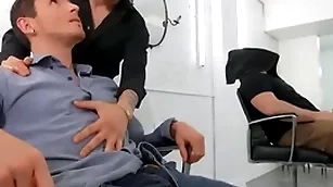 Dark-haired hotties san bass & killiam wesker swap sloppy blowjobs on an obstacle barber stool - undoubtedly dudes