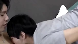 Cute japanese twink doggystyle fucked before joint cumshot