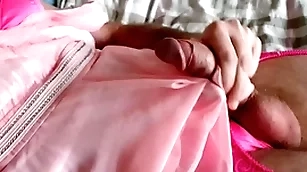 Crossdressing slutty bridesmaid jerks a millstone on a bridesmaid dress.