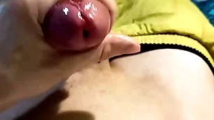 The guy jerks missing with moans coupled with cums