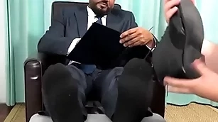 Classy latino businessman foot worshipped by amateur dude