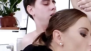 Androgynous office babe fucked in mmf 3some after deep sucking