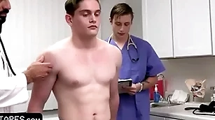 Fit boy goes for gazette check-up balk the doctor and his medical student yon him the on the go packet