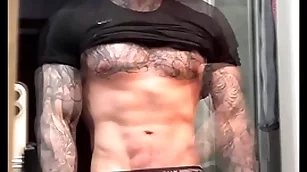 Stroking my massive cock increased by flexing for you before cumming