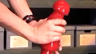 Weird bdsm stud takes massive dildo